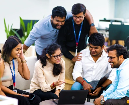 Team members collaborating together in a modern office