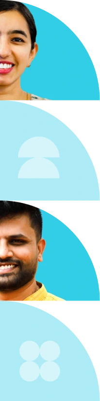 Stylized banner image with partial portraits and abstract blue graphic shapes