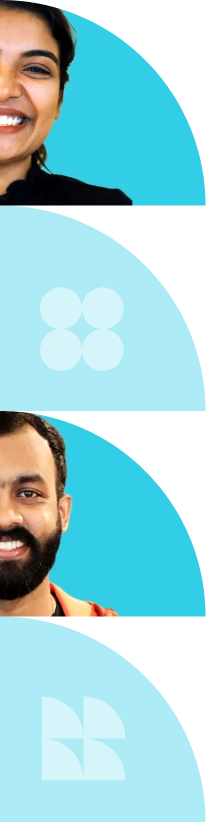 Stylized banner image with partial portraits and abstract blue graphic shapes