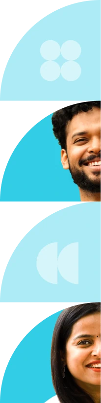 Stylized banner image with partial portraits and abstract blue graphic shapes