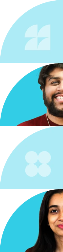 Stylized banner image with partial portraits and abstract blue graphic shapes