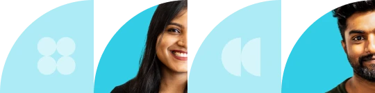 Stylized banner image with partial portraits and abstract blue graphic shapes