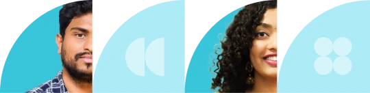 Stylized banner image with partial portraits and abstract blue graphic shapes