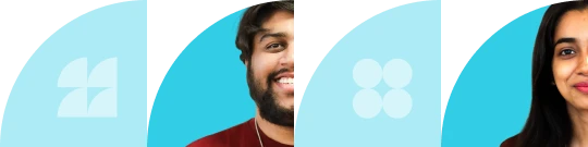 Stylized banner image with partial portraits and abstract blue graphic shapes