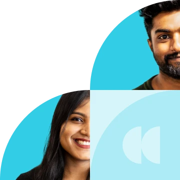 Stylized banner image with partial portraits and abstract blue graphic shapes