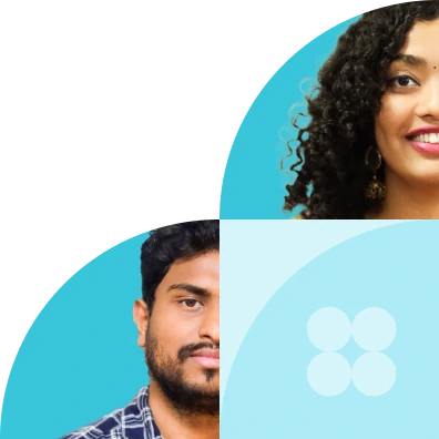 Stylized banner image with partial portraits and abstract blue graphic shapes