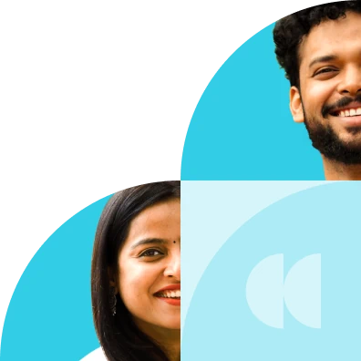 Stylized banner image with partial portraits and abstract blue graphic shapes