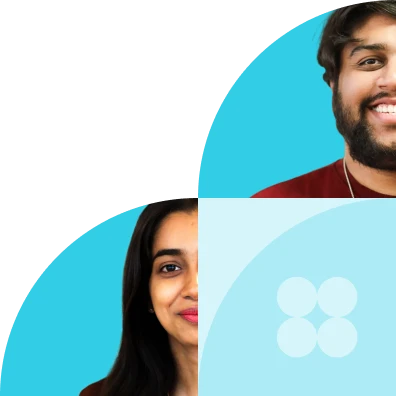 Stylized banner image with partial portraits and abstract blue graphic shapes