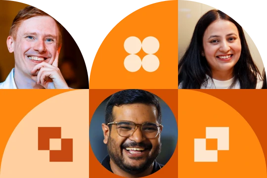 Stylized banner image with portraits and abstract orange graphic shapes