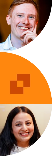 Stylized banner image with portraits and abstract orange graphic shapes