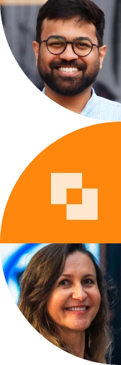 Stylized banner image with portraits and abstract orange graphic shapes