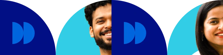 Stylized banner featuring partial portraits of smiling people and abstract blue geometric shapes