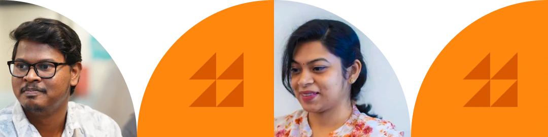 Portraits of people on an orange geometric background