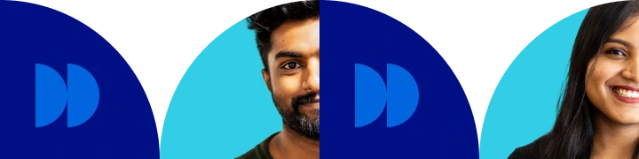 Stylized banner featuring partial portraits of smiling people and abstract blue geometric shapes