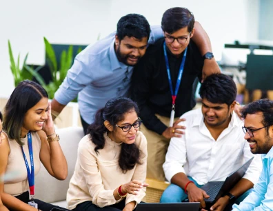 Team members collaborating together in a modern office