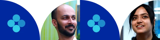 Stylized banner featuring partial portraits of smiling people and abstract blue geometric shapes