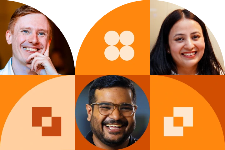 Stylized banner image with portraits and abstract orange graphic shapes