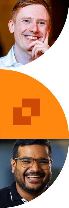 Stylized banner image with portraits and abstract orange graphic shapes