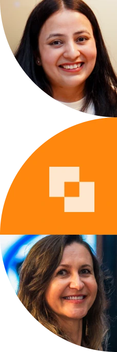 Stylized banner image with portraits and abstract orange graphic shapes