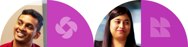 Stylized banner featuring portraits of six people alongside abstract purple geometric shapes